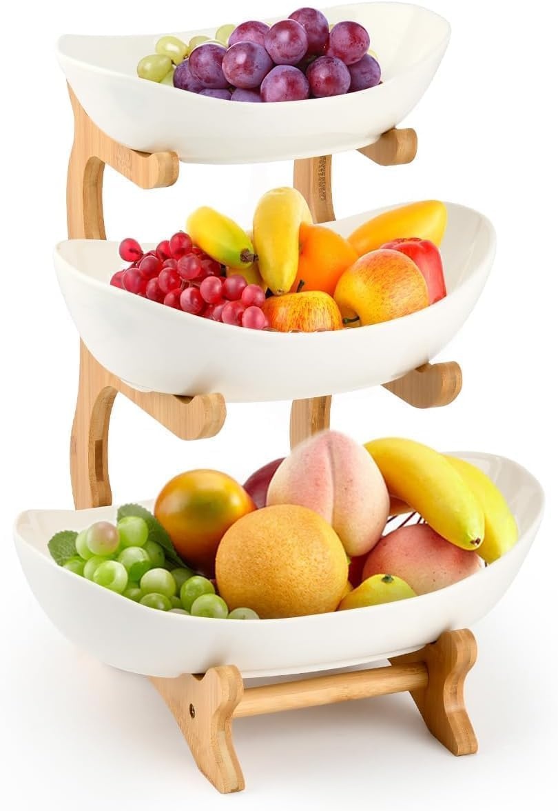 Fruitetagère keramische fruitschaal met 3 etages, fruitbord, 3 niveaus, fruitetagère, fruitschaal, etagère met bamboestandaard, serveerschaal voor keuken, fruit, groenten, snacks, snoep