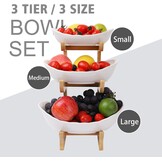 Fruitetagère keramische fruitschaal met 3 etages, fruitbord, 3 niveaus, fruitetagère, fruitschaal, etagère met bamboestandaard, serveerschaal voor keuken, fruit, groenten, snacks, snoep
