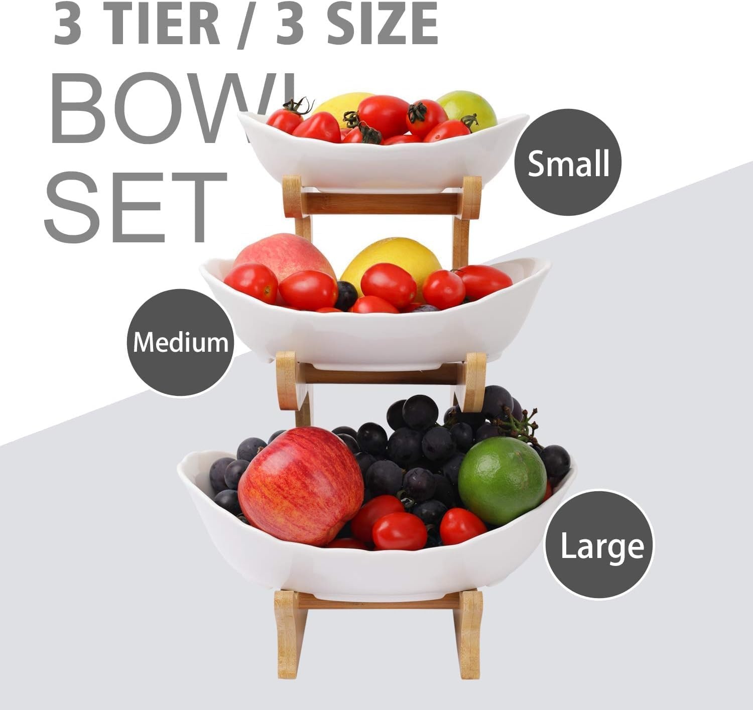 Fruitetagère keramische fruitschaal met 3 etages, fruitbord, 3 niveaus, fruitetagère, fruitschaal, etagère met bamboestandaard, serveerschaal voor keuken, fruit, groenten, snacks, snoep