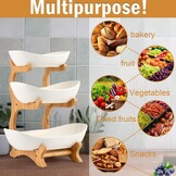 Fruitetagère keramische fruitschaal met 3 etages, fruitbord, 3 niveaus, fruitetagère, fruitschaal, etagère met bamboestandaard, serveerschaal voor keuken, fruit, groenten, snacks, snoep