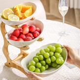 Fruitetagère keramische fruitschaal met 3 etages, fruitbord, 3 niveaus, fruitetagère, fruitschaal, etagère met bamboestandaard, serveerschaal voor keuken, fruit, groenten, snacks, snoep