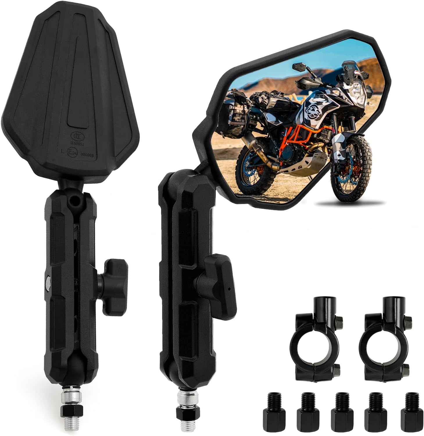 DREAMIZER Adventure Motorfietsspiegels, E24 Universeel 8mm 10mm Motorfiets Zijspiegels, 22mm 7/8" Stuur Achteruitkijkspiegels Compatibel met RZR YFZ 390 790 890 adv YFZ TRX90 ATV Quad Enduro Dirt Bike