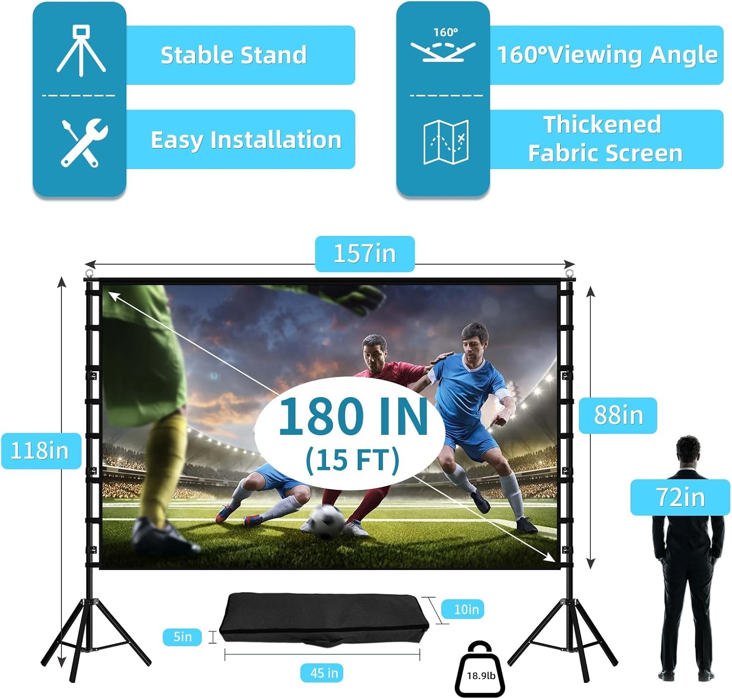 Projectiescherm TOWOND standaard 180 inch, 16:9 HD voor buiten, draagtaas, kreukvrij, verdikte beugels ontwerp voor achtertuin, filmavond