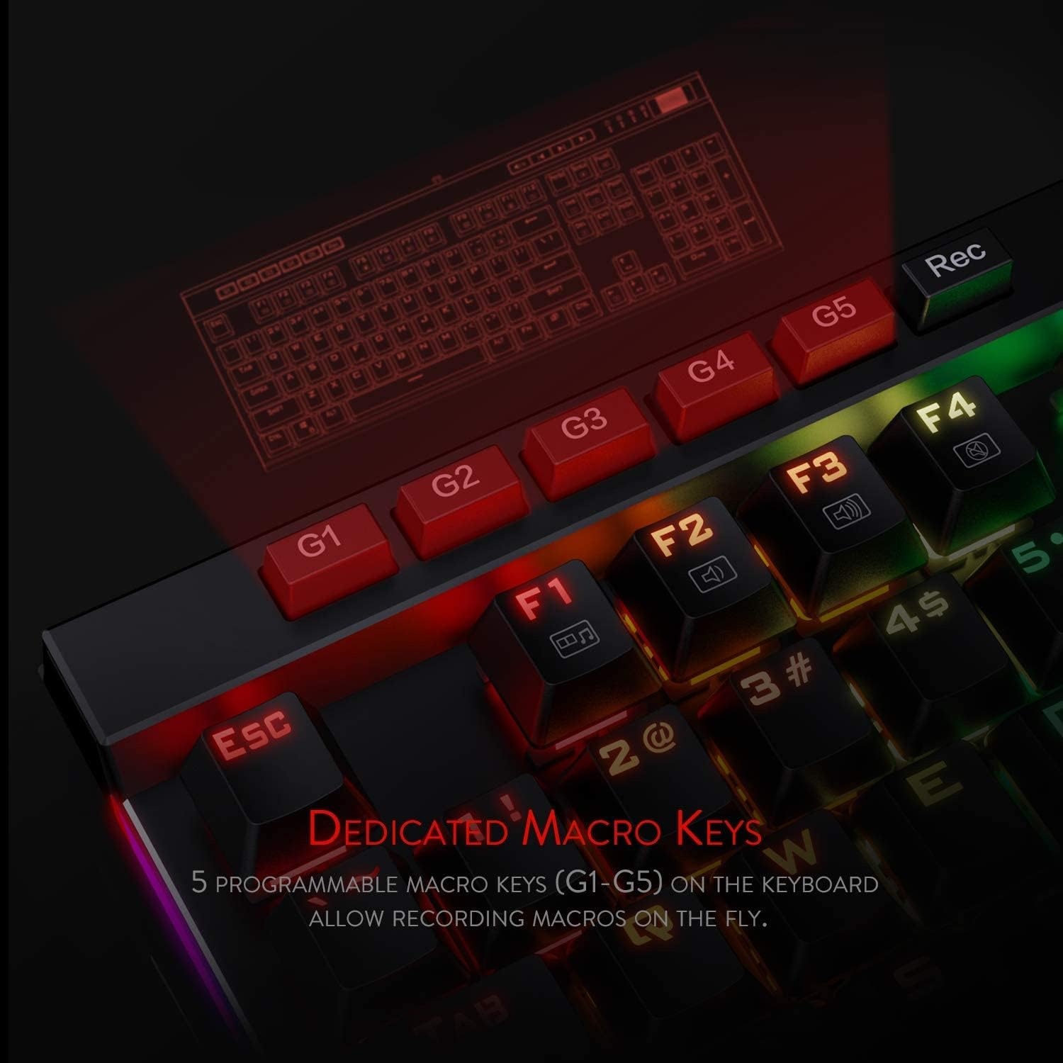 Redragon K580 VATA US-lay-out RGB LED achter verlicht mechanisch gaming-toetsenbord, bruine schakelaars, 104 toetsen anti-ghosting macrotoetsen en speciale mediatoetsen, ingebouwde macro-opname