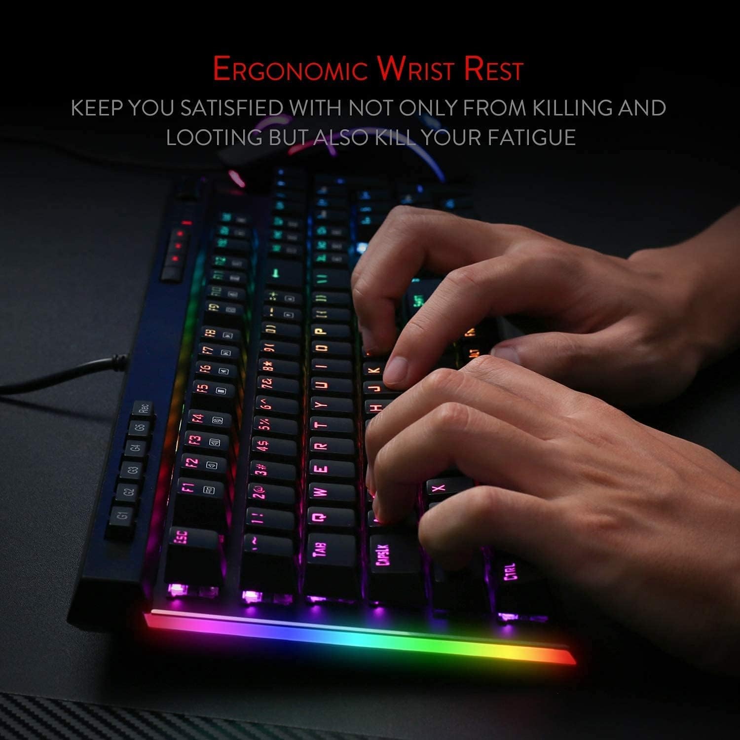 Redragon K580 VATA US-lay-out RGB LED achter verlicht mechanisch gaming-toetsenbord, bruine schakelaars, 104 toetsen anti-ghosting macrotoetsen en speciale mediatoetsen, ingebouwde macro-opname