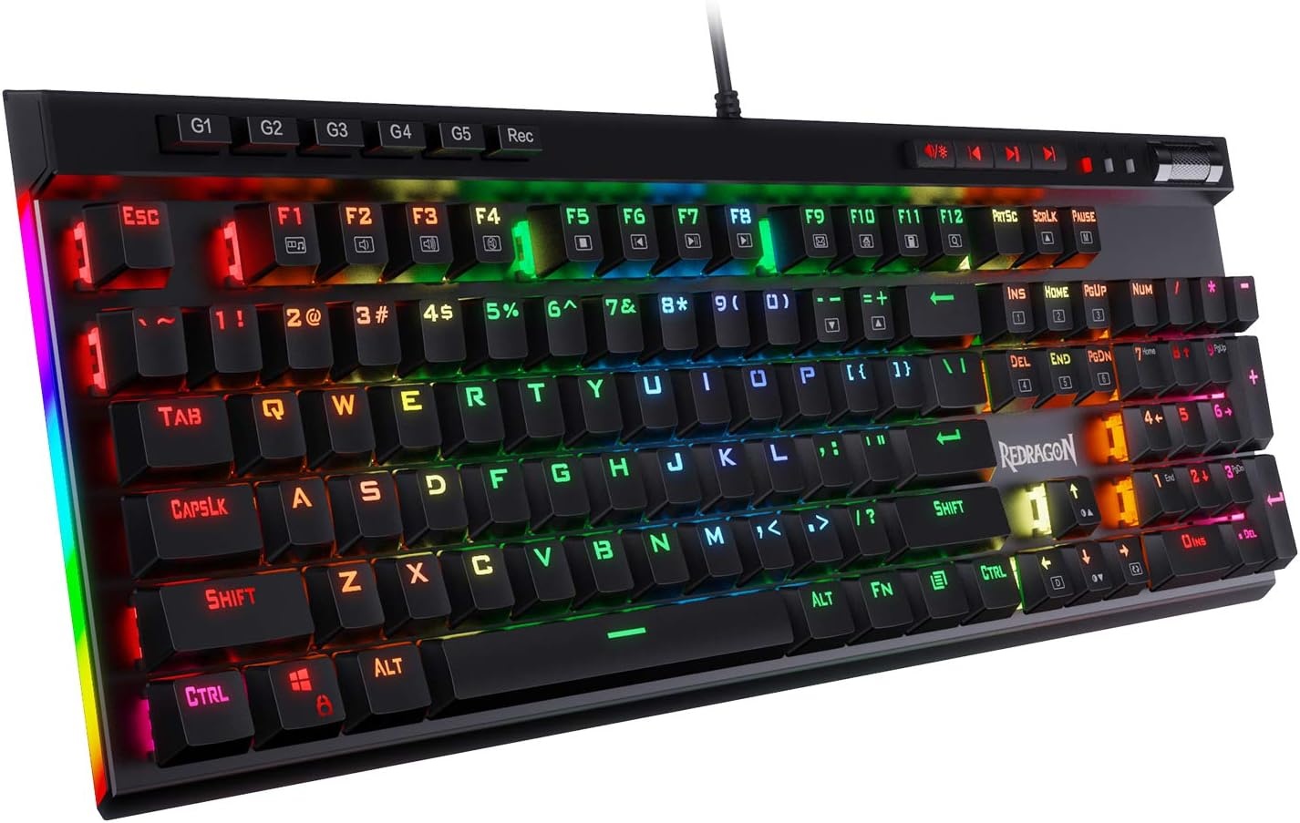 Redragon K580 VATA US-lay-out RGB LED achter verlicht mechanisch gaming-toetsenbord, bruine schakelaars, 104 toetsen anti-ghosting macrotoetsen en speciale mediatoetsen, ingebouwde macro-opname