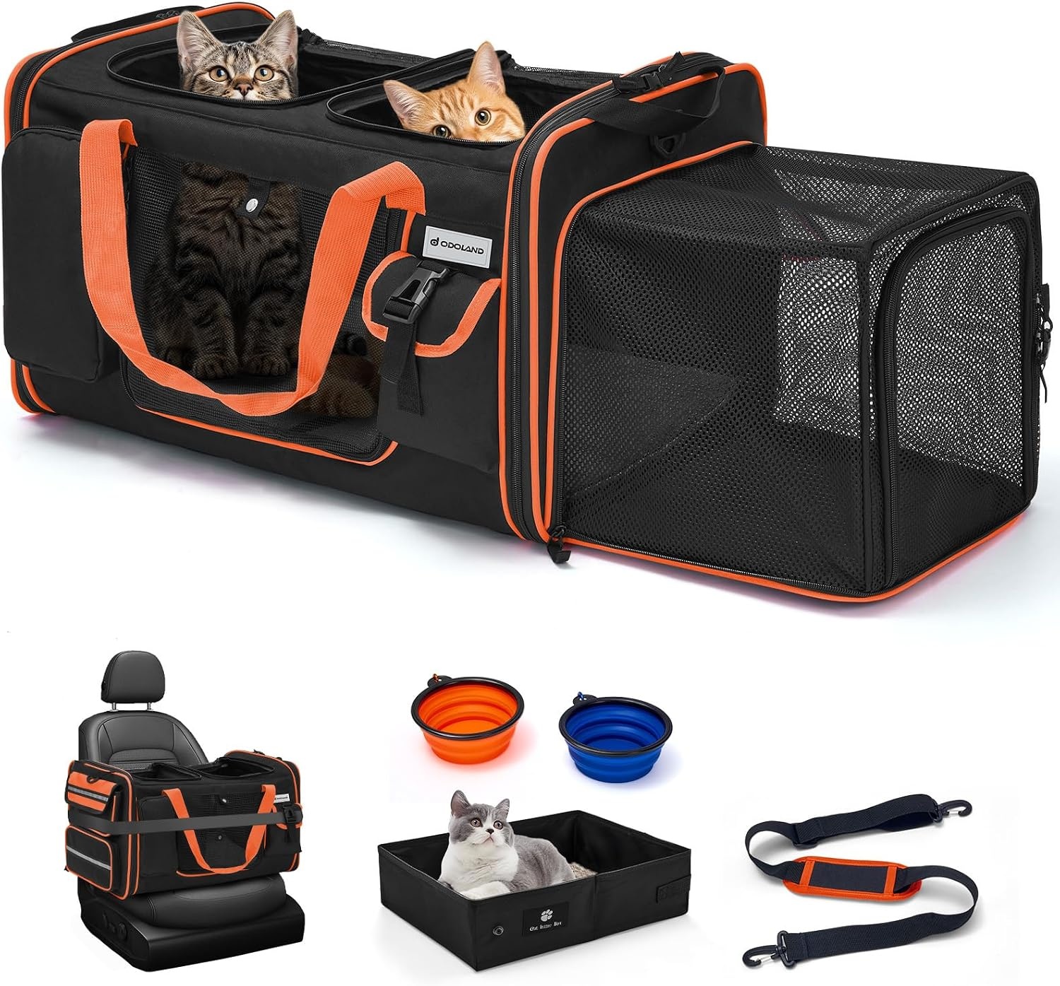 Odoland Extra Large Pet Carriers for 2 Cats Expandable Foldable Cat Travel Carrier with Cat Litter Box - Portable Dog and Cat Transport Carrier with Soft Sides for Car Travel with