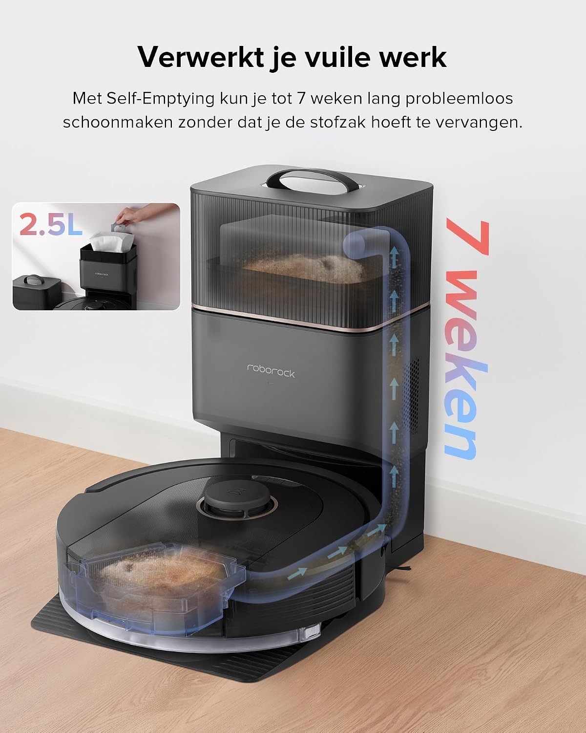 roborock Q5 Pro+ Robotstofzuiger Met Zuigstation, Zelflozend, DuoRoller Borstel, 5500Pa Zuigkracht, 2,5L Stofzak, 180mL Waterreservoir, PreciSense-LiDAR Navigatie-App/Alexa Dweilrobot, Zwart