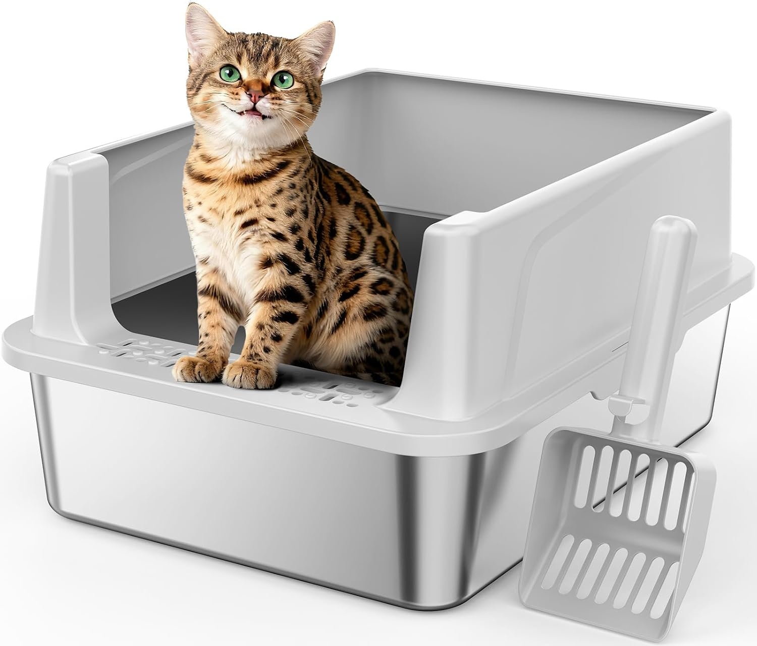 Kattenbak RVS voor Kittens - 18L, Hoge Rand, Lekvrij, Incl. Schep - 33% Korting!