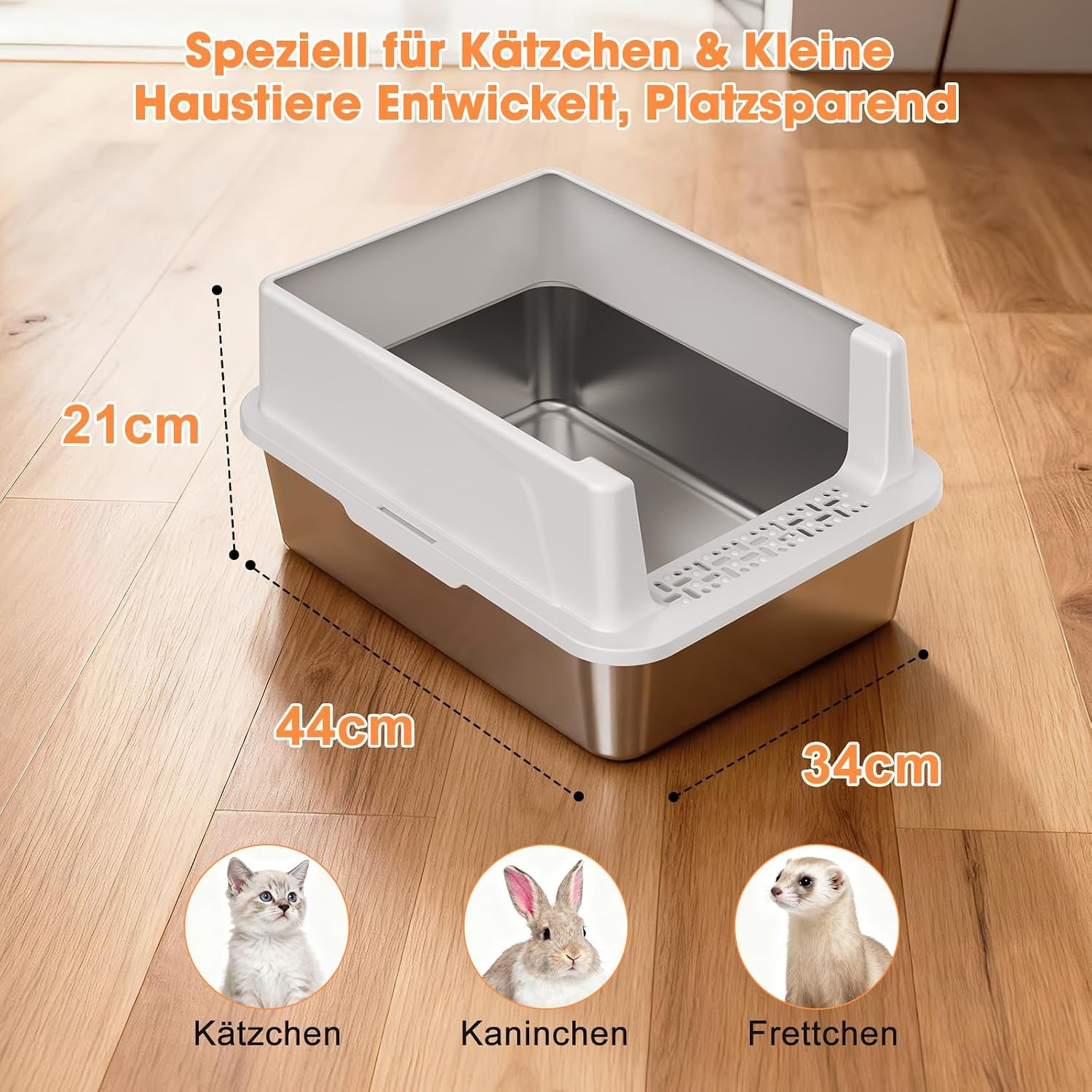 Kattenbak RVS voor Kittens - 18L, Hoge Rand, Lekvrij, Incl. Schep - 33% Korting!
