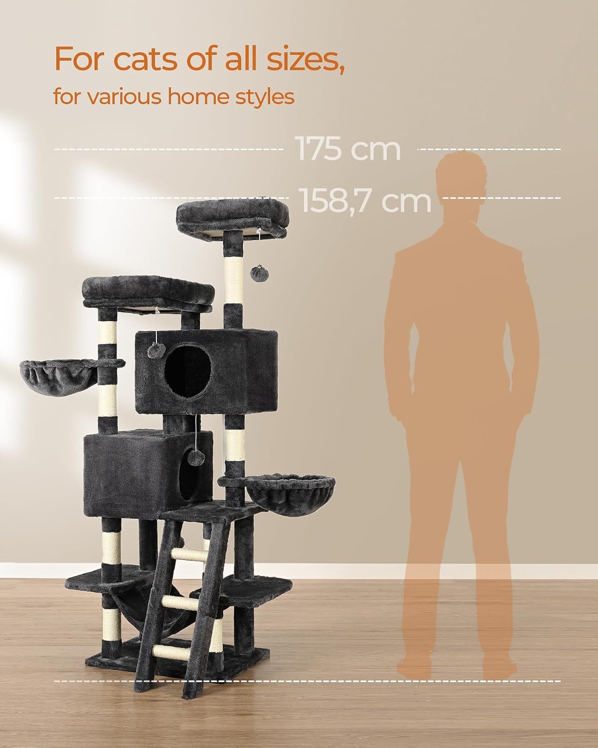 Grote Krabpaal 156 cm - 5 Niveaus met Huisjes & Hangmatten - Donkergrijs (34% Korting!)