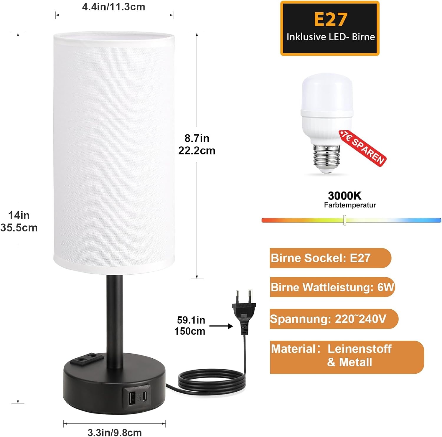 Dimbaar Nachttischlamp met USB & Stopcontact - 34% Korting