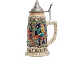 Bierpul Keramiek 0,6L met Tinnen Deksel - Duits Jacht Reliëf - 40% Korting!