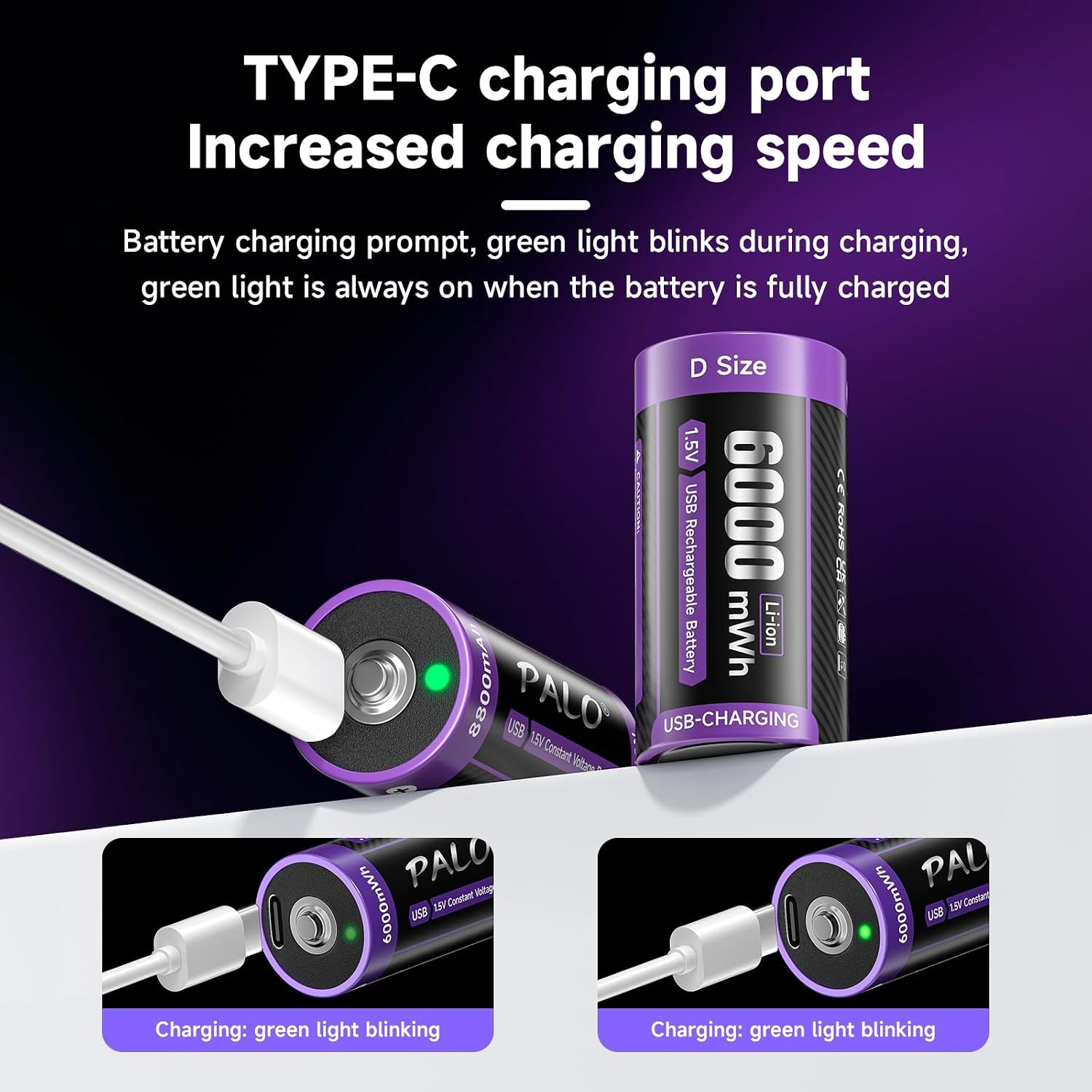 Oplaadbare C-batterijen (6 stuks) - 1.5V 6000mWh - USB-C Snellaad