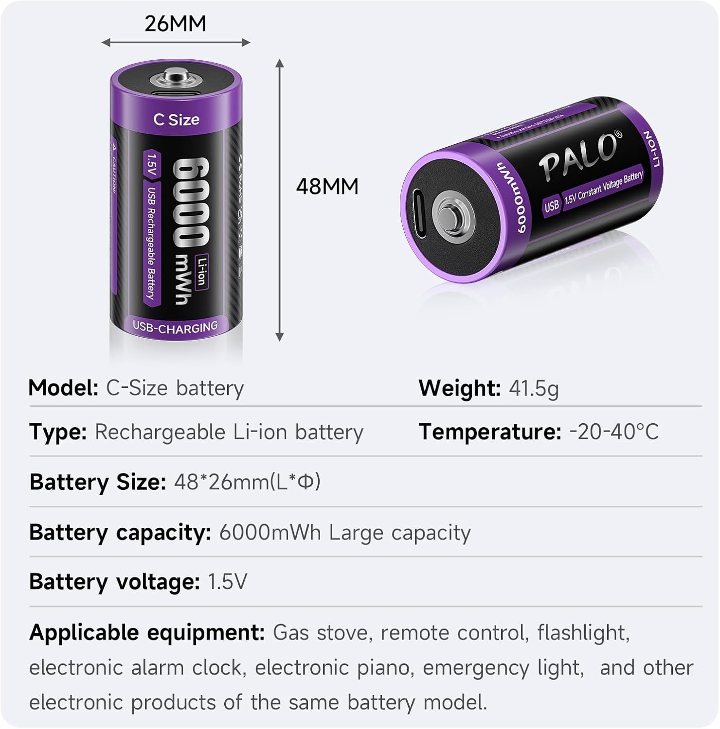 Oplaadbare C-batterijen (6 stuks) - 1.5V 6000mWh - USB-C Snellaad