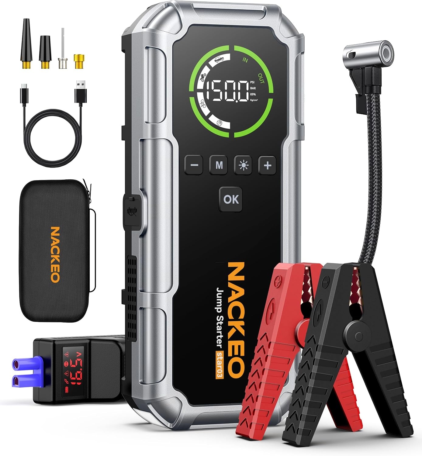 Starthulp met compressor, 160 psi, 6000 A, 12 V auto-accubooster met lcd-scherm, snel opladen, draagbare starthulp met led-zaklamp (10 l diesel)