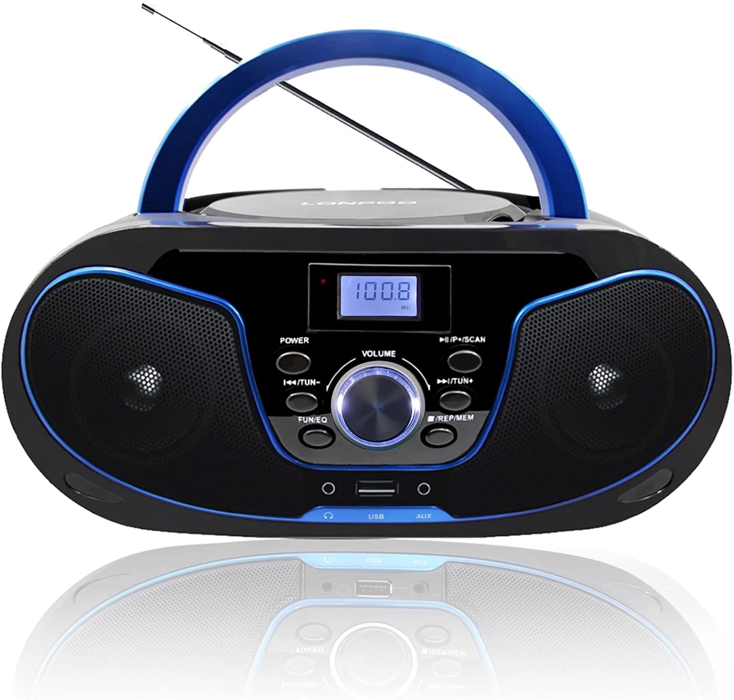 LONPOO D02 Draagbare cd-speler voor kinderen – radio CD Boombox met FM-radio, Bluetooth, USB-ingang, AUX-aansluiting en hoofdtelefoonuitgang, stereo luidsprekers