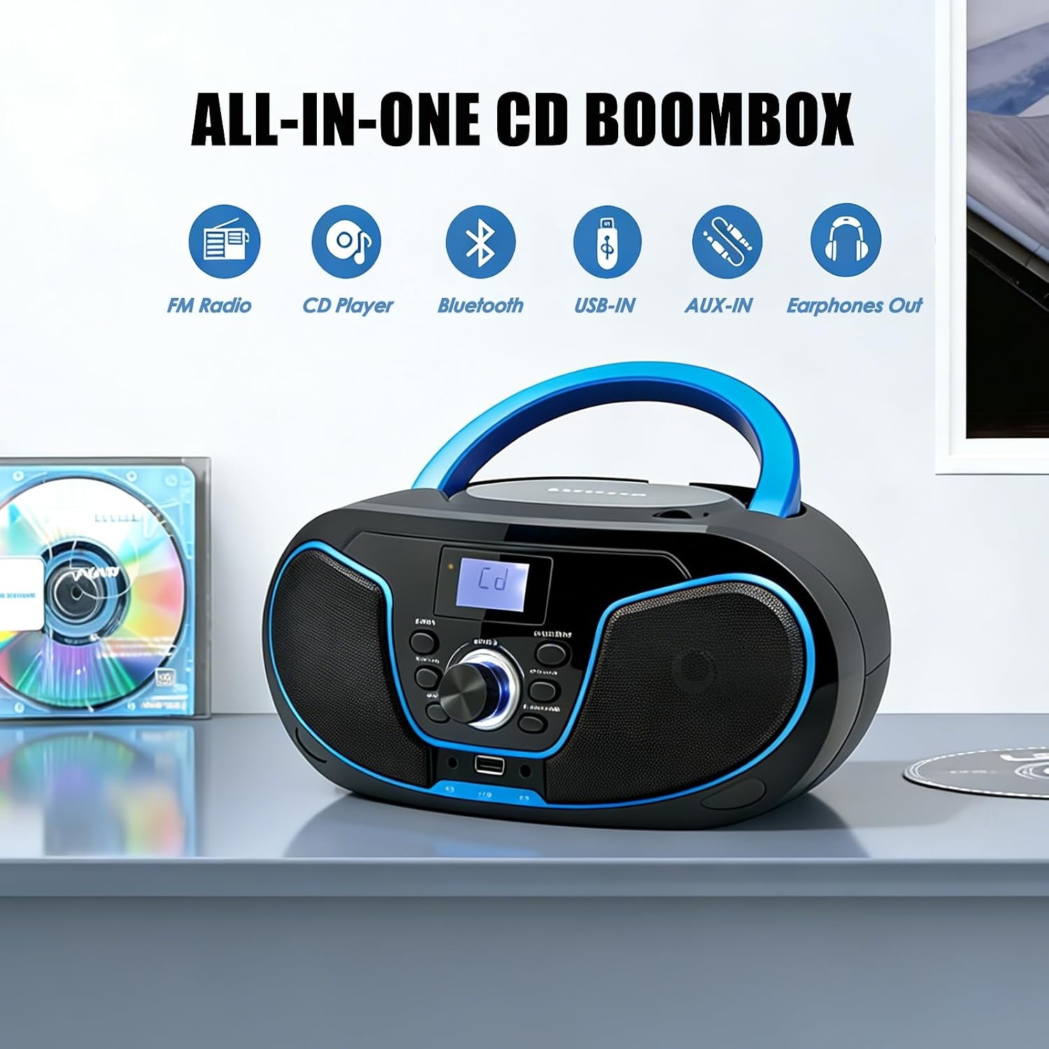 LONPOO D02 Draagbare cd-speler voor kinderen – radio CD Boombox met FM-radio, Bluetooth, USB-ingang, AUX-aansluiting en hoofdtelefoonuitgang, stereo luidsprekers