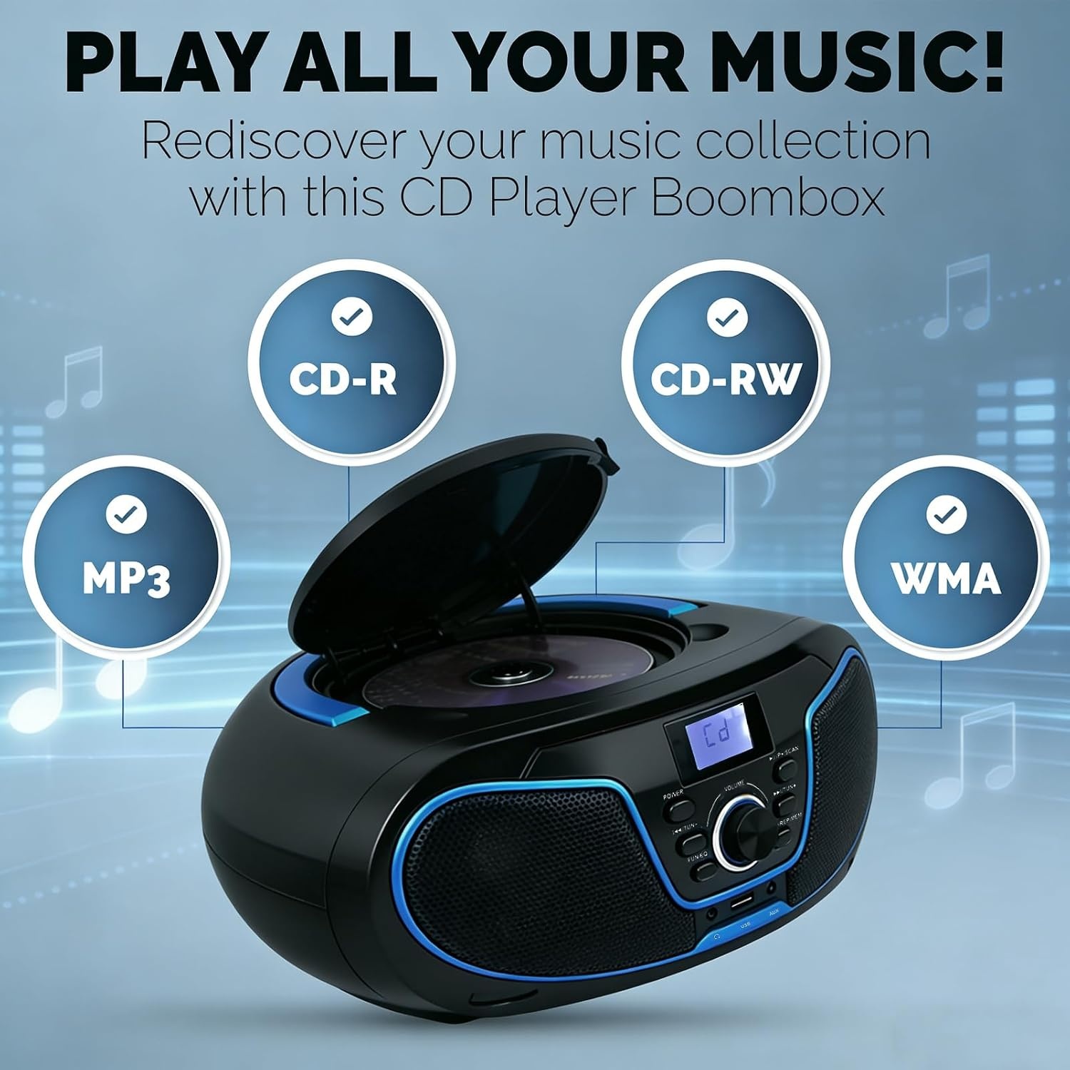 LONPOO D02 Draagbare cd-speler voor kinderen – radio CD Boombox met FM-radio, Bluetooth, USB-ingang, AUX-aansluiting en hoofdtelefoonuitgang, stereo luidsprekers