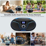 LONPOO D02 Draagbare cd-speler voor kinderen – radio CD Boombox met FM-radio, Bluetooth, USB-ingang, AUX-aansluiting en hoofdtelefoonuitgang, stereo luidsprekers
