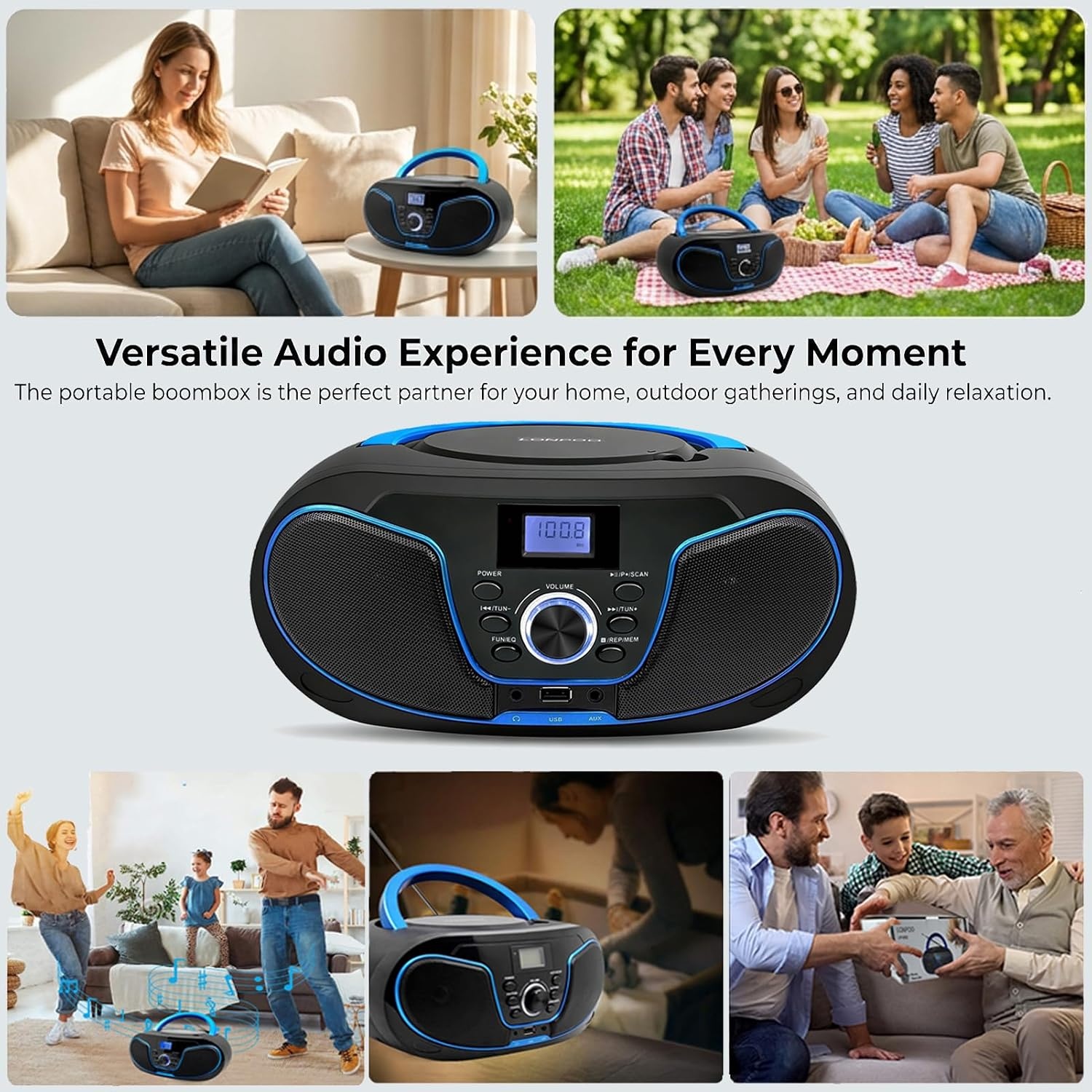LONPOO D02 Draagbare cd-speler voor kinderen – radio CD Boombox met FM-radio, Bluetooth, USB-ingang, AUX-aansluiting en hoofdtelefoonuitgang, stereo luidsprekers