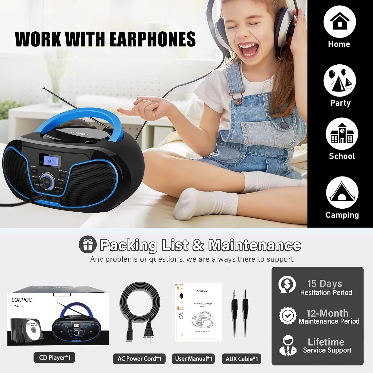 LONPOO D02 Draagbare cd-speler voor kinderen – radio CD Boombox met FM-radio, Bluetooth, USB-ingang, AUX-aansluiting en hoofdtelefoonuitgang, stereo luidsprekers