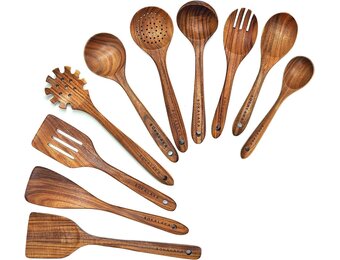 Houten lepels om te koken,10 stuks houten keukengerei, teak keukengerei set, natuurlijk teak keukengerei set, houten kookgerei