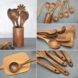 Houten lepels om te koken,10 stuks houten keukengerei, teak keukengerei set, natuurlijk teak keukengerei set, houten kookgerei