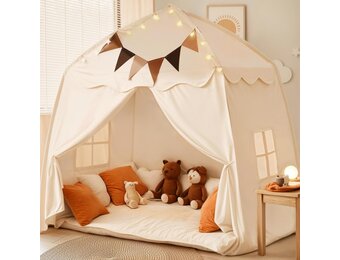 Mallify Kindertent indoor, speelhuisje met mat en verlichting, 150 x 100 x 150 cm (crème)