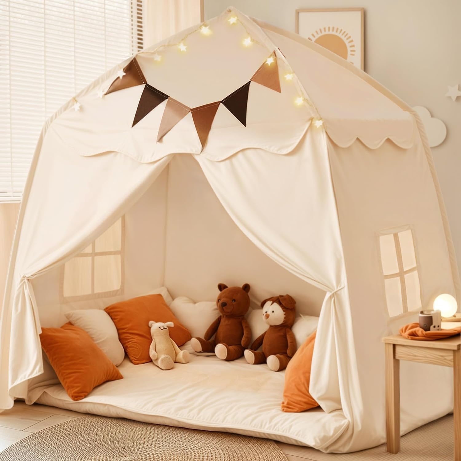 Mallify Kindertent indoor, speelhuisje met mat en verlichting, 150 x 100 x 150 cm (crème)