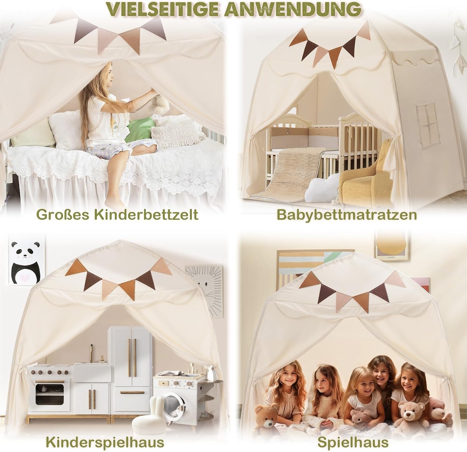 Mallify Kindertent indoor, speelhuisje met mat en verlichting, 150 x 100 x 150 cm (crème)