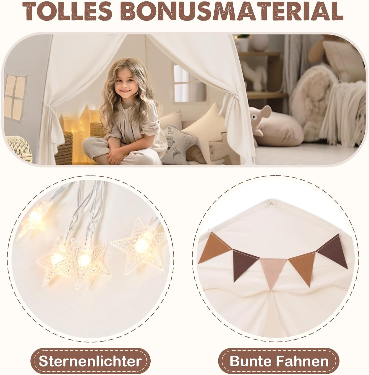 Mallify Kindertent indoor, speelhuisje met mat en verlichting, 150 x 100 x 150 cm (crème)