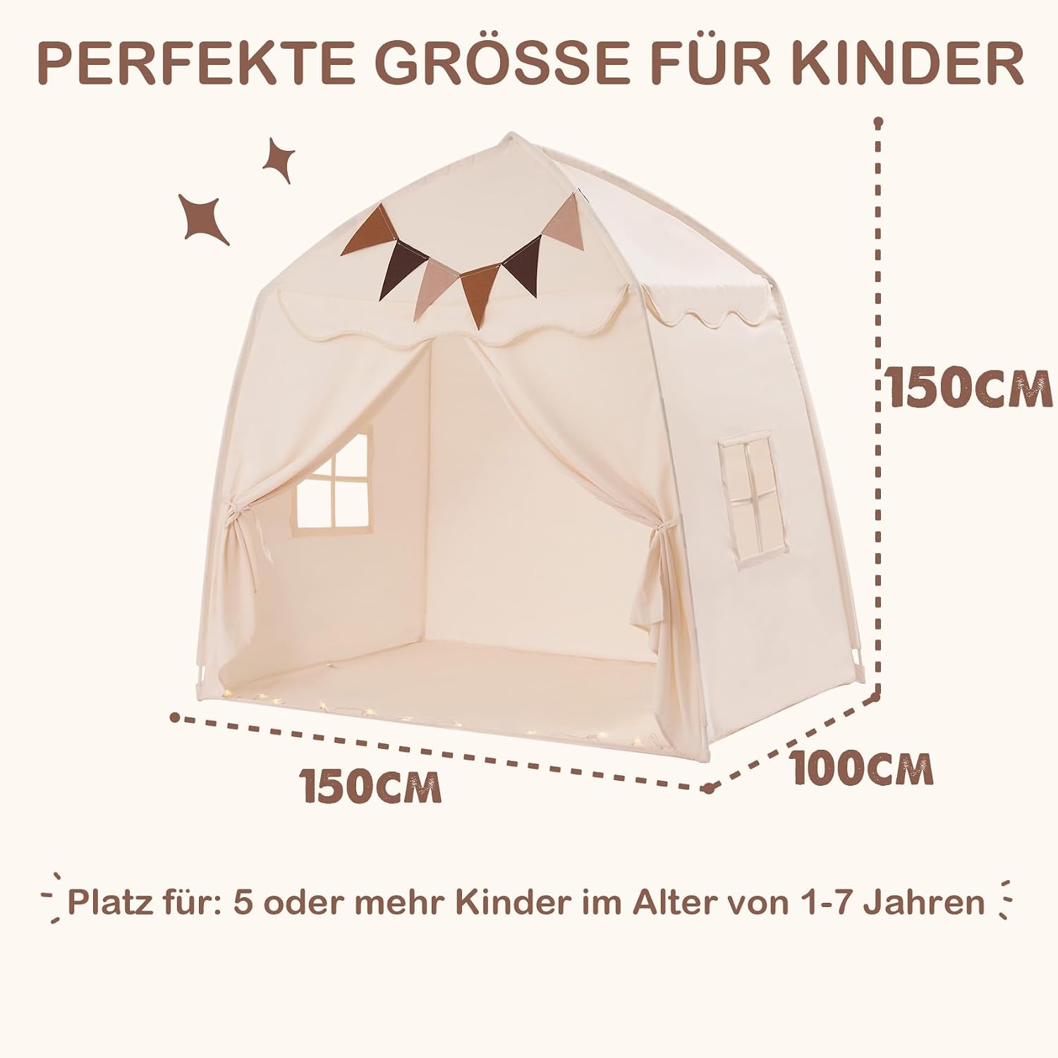 Mallify Kindertent indoor, speelhuisje met mat en verlichting, 150 x 100 x 150 cm (crème)