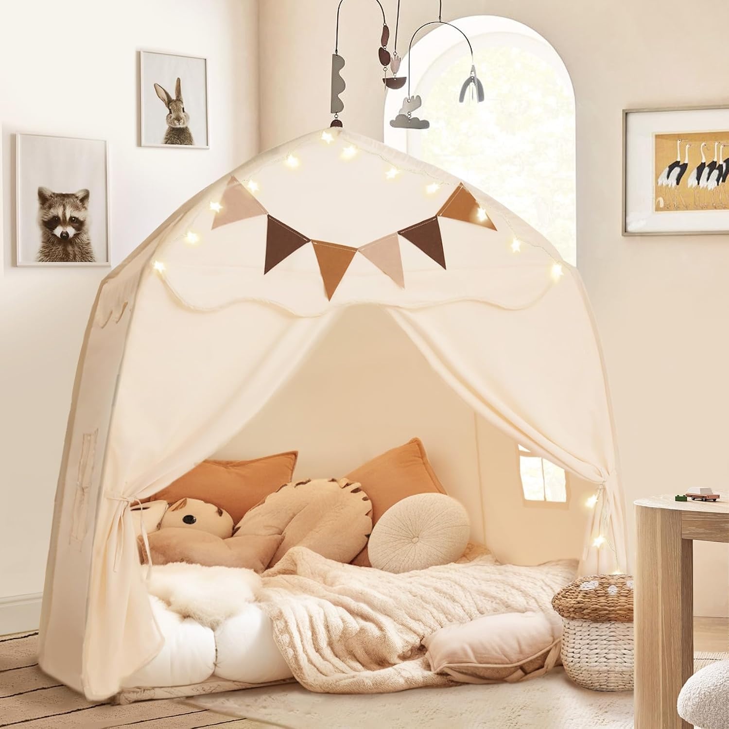 Mallify Kindertent indoor, speelhuisje met mat en verlichting, 150 x 100 x 150 cm (crème)