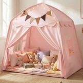 Mallify Kindertent indoor, speelhuisje met mat en verlichting, 150 x 100 x 150 cm (crème)