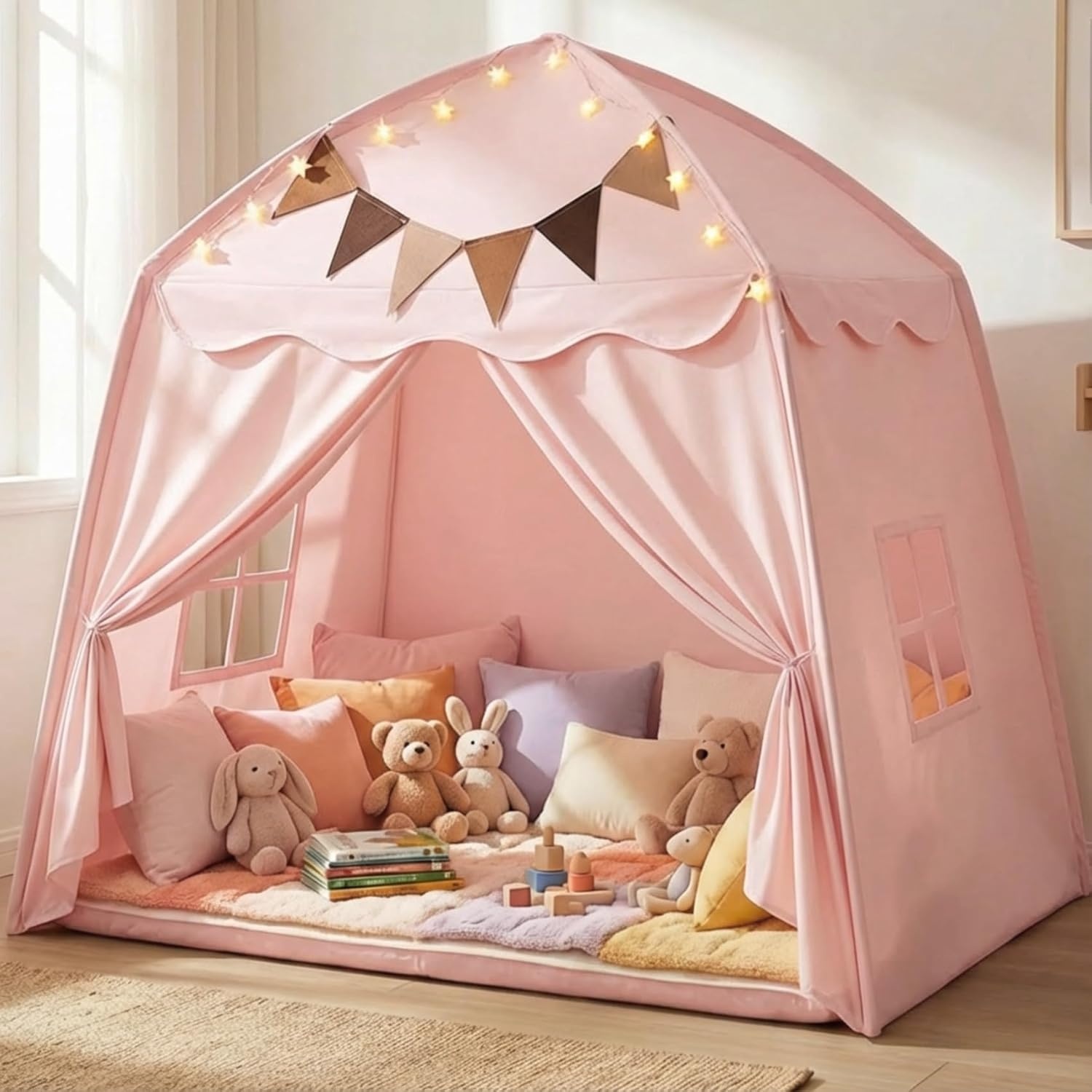 Mallify Kindertent indoor, speelhuisje met mat en verlichting, 150 x 100 x 150 cm (crème)