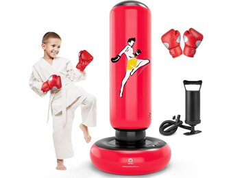 QPAU Kinderbokszak met bokshandschoenen, 66 inch grotere stabiele opblaasbare bokszakset voor kinderen, cadeau voor jongens en meisjes van 6-12 jaar, voor het beoefenen van karate, taekwondo, MMA