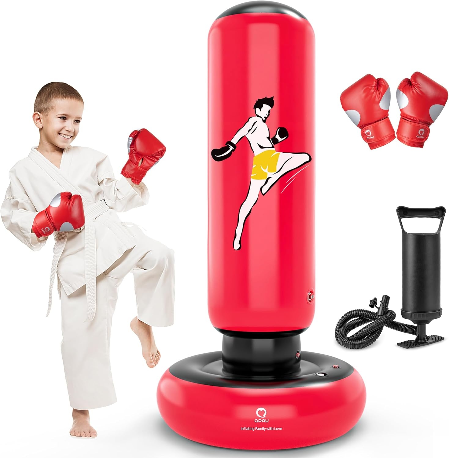QPAU Kinderbokszak met bokshandschoenen, 66 inch grotere stabiele opblaasbare bokszakset voor kinderen, cadeau voor jongens en meisjes van 6-12 jaar, voor het beoefenen van karate, taekwondo, MMA