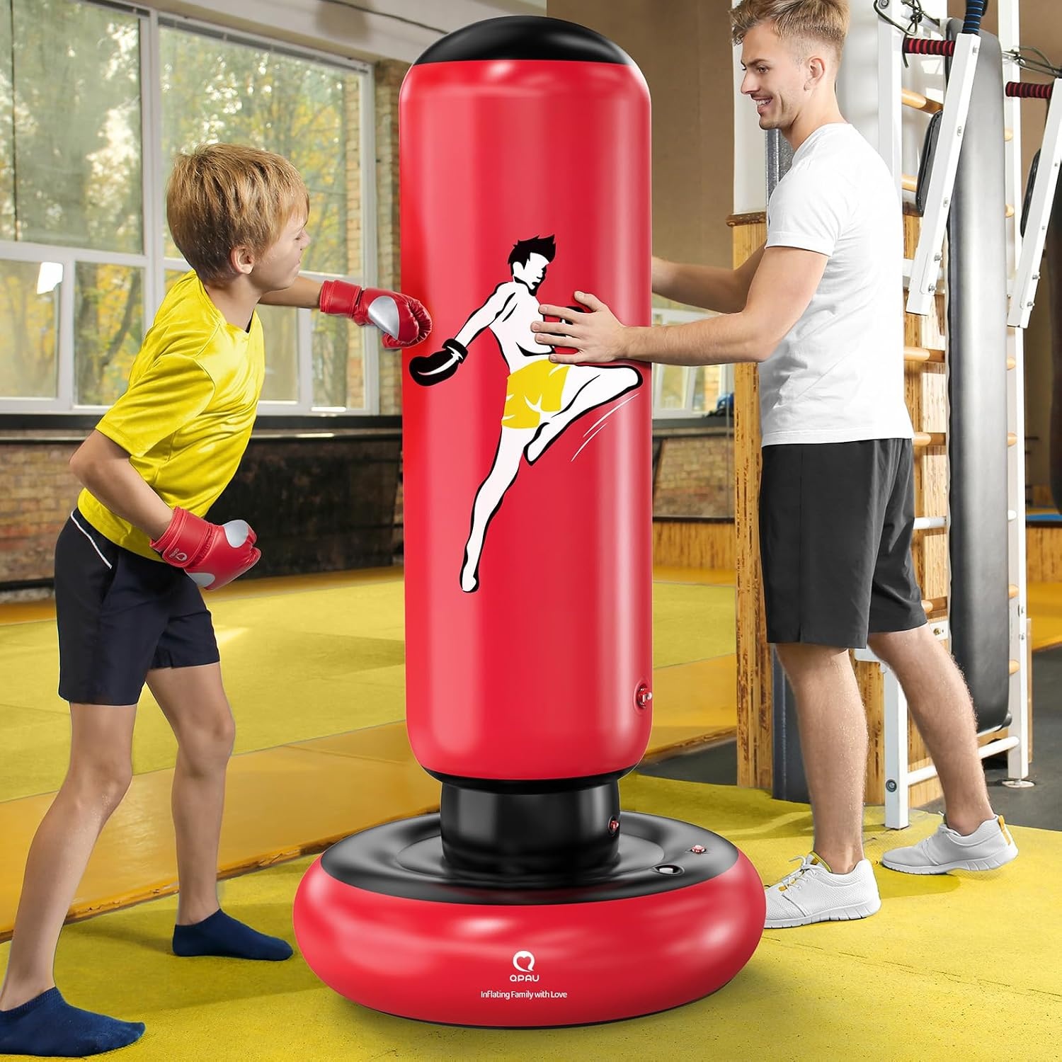 QPAU Kinderbokszak met bokshandschoenen, 66 inch grotere stabiele opblaasbare bokszakset voor kinderen, cadeau voor jongens en meisjes van 6-12 jaar, voor het beoefenen van karate, taekwondo, MMA