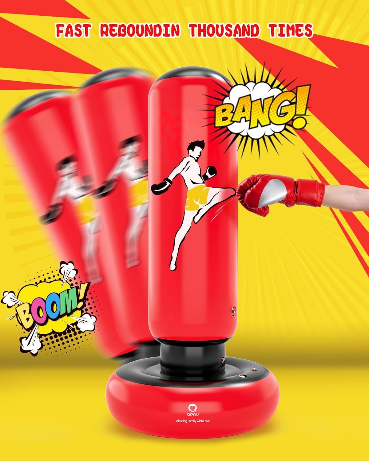 QPAU Kinderbokszak met bokshandschoenen, 66 inch grotere stabiele opblaasbare bokszakset voor kinderen, cadeau voor jongens en meisjes van 6-12 jaar, voor het beoefenen van karate, taekwondo, MMA