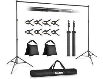EMART Fotoachtergrondstandaard, 2x3m Verstelbaar Achtergrondsysteem met 8 Achtergrondklemmen, 2 Zandzakken voor Fotostudio Portret Productfotografie, Gemaakt van Metaal