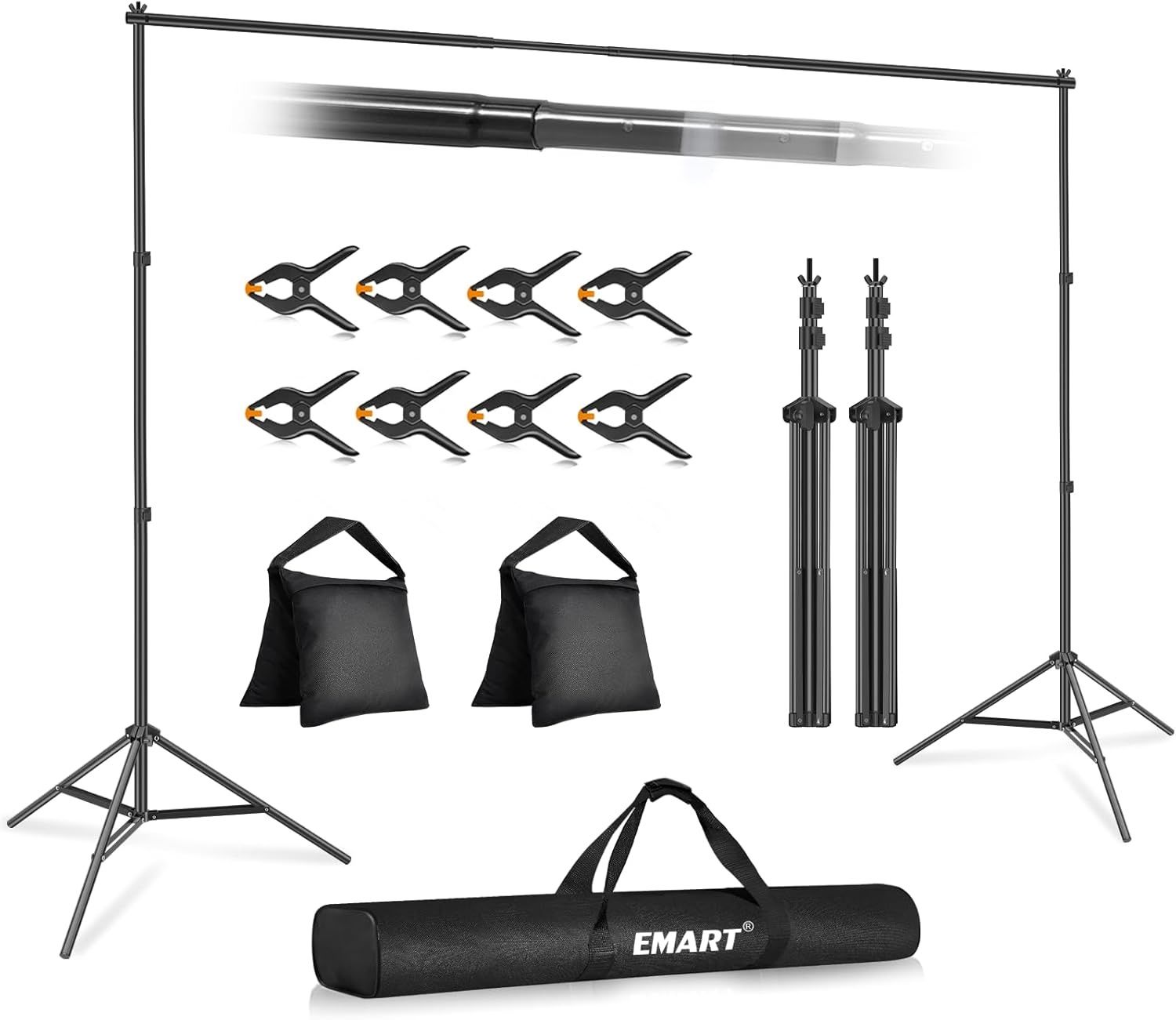 EMART Fotoachtergrondstandaard, 2x3m Verstelbaar Achtergrondsysteem met 8 Achtergrondklemmen, 2 Zandzakken voor Fotostudio Portret Productfotografie, Gemaakt van Metaal