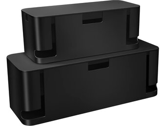 Kabelmanagementbox zwart, 2 stuks snoerorganizer box - extra groot en middelgroot formaat, koordhouder om stekkerdozen op bureau of vloer te verbergen, gemaakt van elektrisch veilig ABS-materiaal