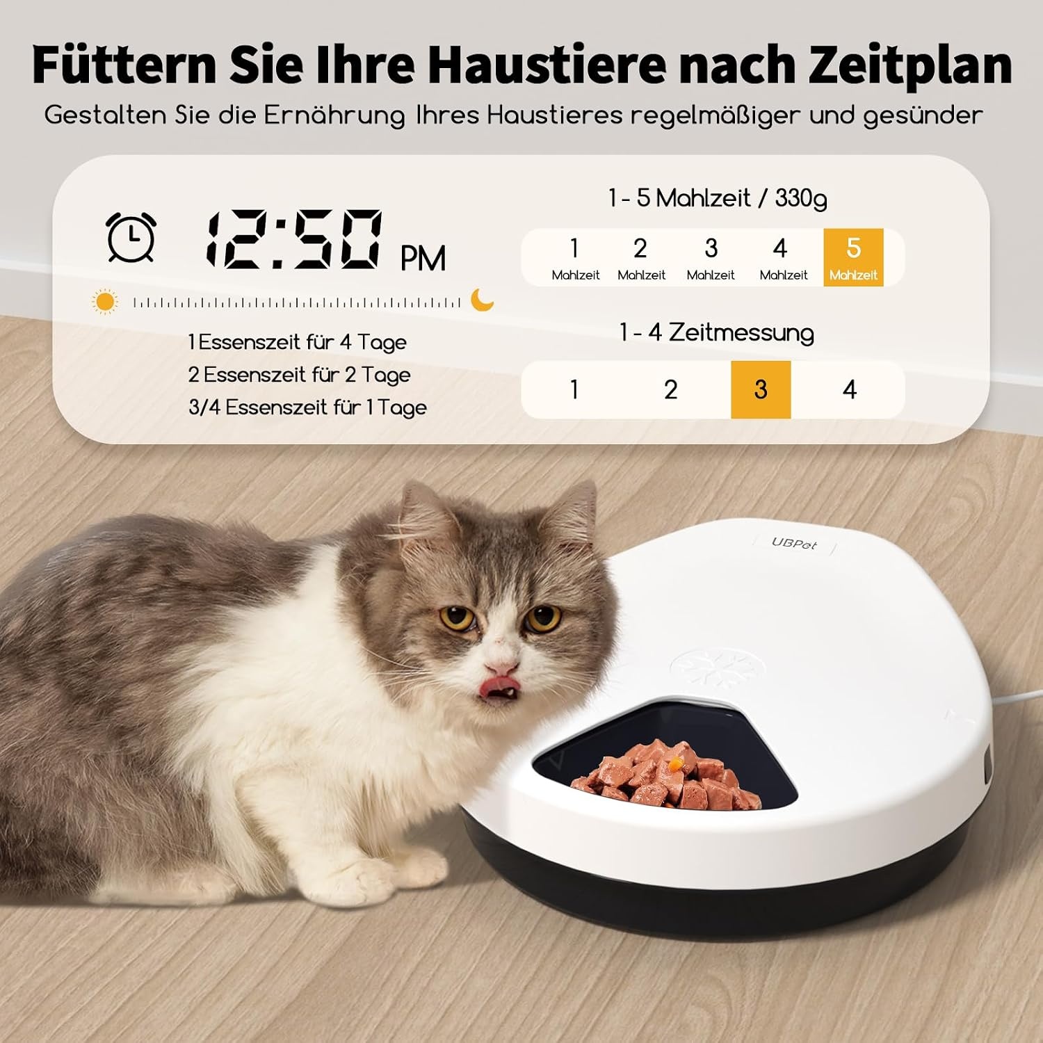 Voederautomaat voor katten, natvoer met koeling, halfgeleider-koudetechniek, timing-functie, kattenvoerautomaat, 5 voedervakken, premium borden, wasbaar, voor katten en honden