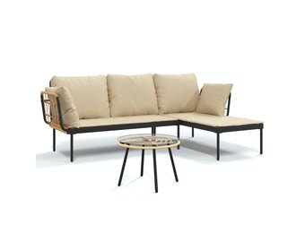 vidaXL 3-delige Loungeset met kussens poly rattan beige