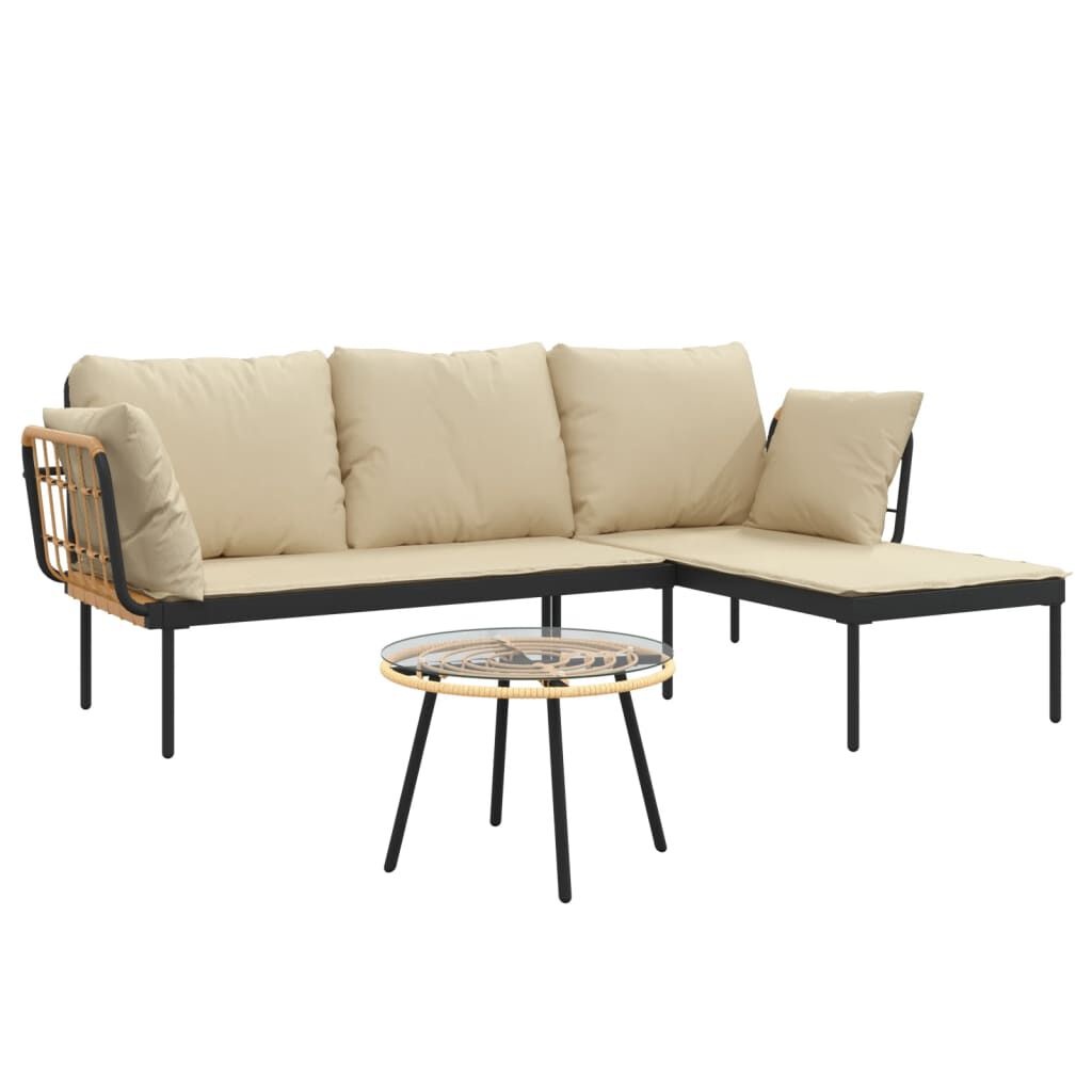 vidaXL 3-delige Loungeset met kussens poly rattan beige