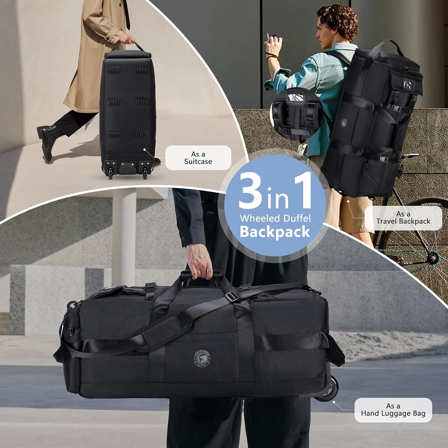 Reistas met wielen Groot 85L 3 IN 1 Handbagagetas met kofferorganizer 78x33x32cm Waterdichte Oxford-reisrugzak 3 rollen XL-rugzakkoffer met handgrepen voor reizen, weekendtas