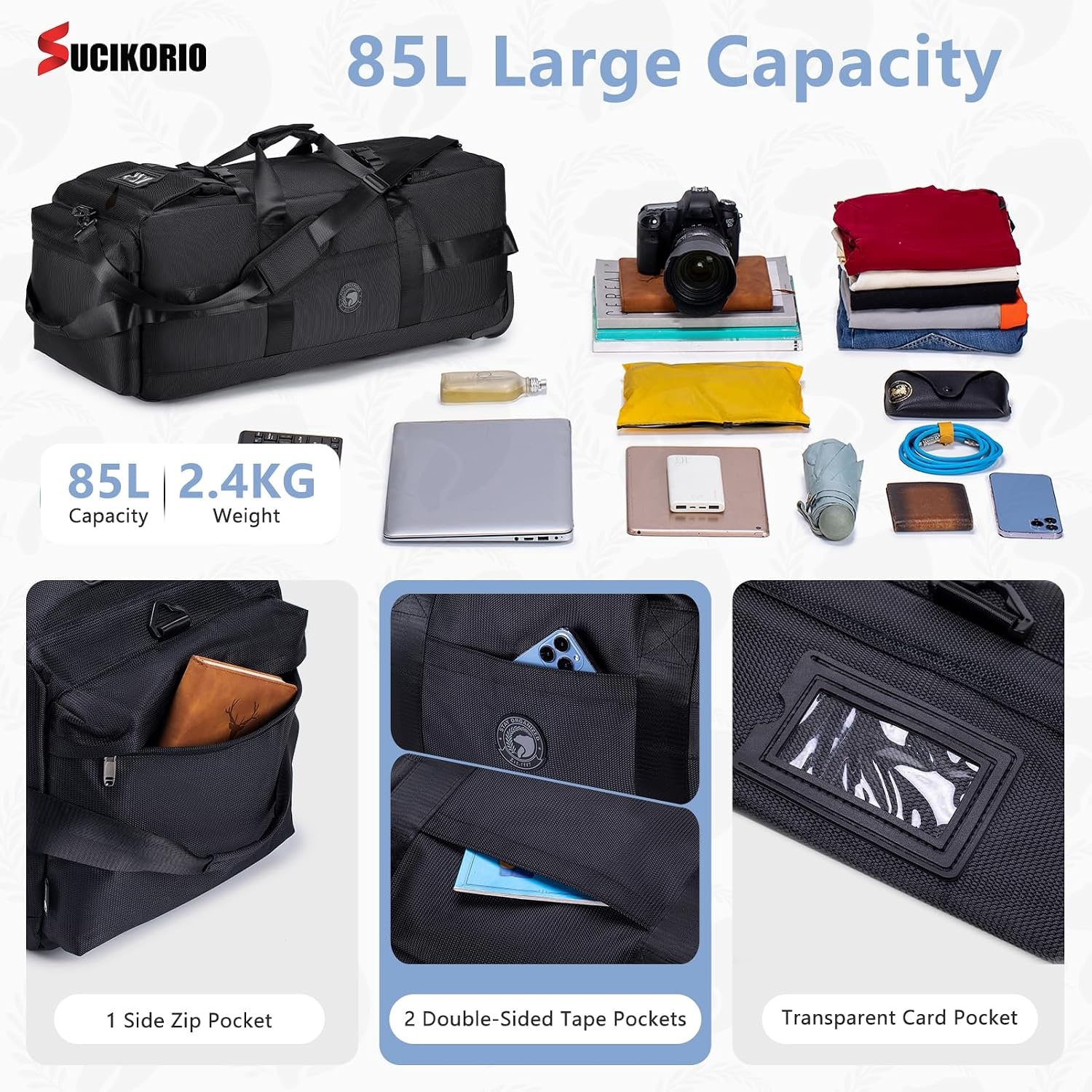 Reistas met wielen Groot 85L 3 IN 1 Handbagagetas met kofferorganizer 78x33x32cm Waterdichte Oxford-reisrugzak 3 rollen XL-rugzakkoffer met handgrepen voor reizen, weekendtas