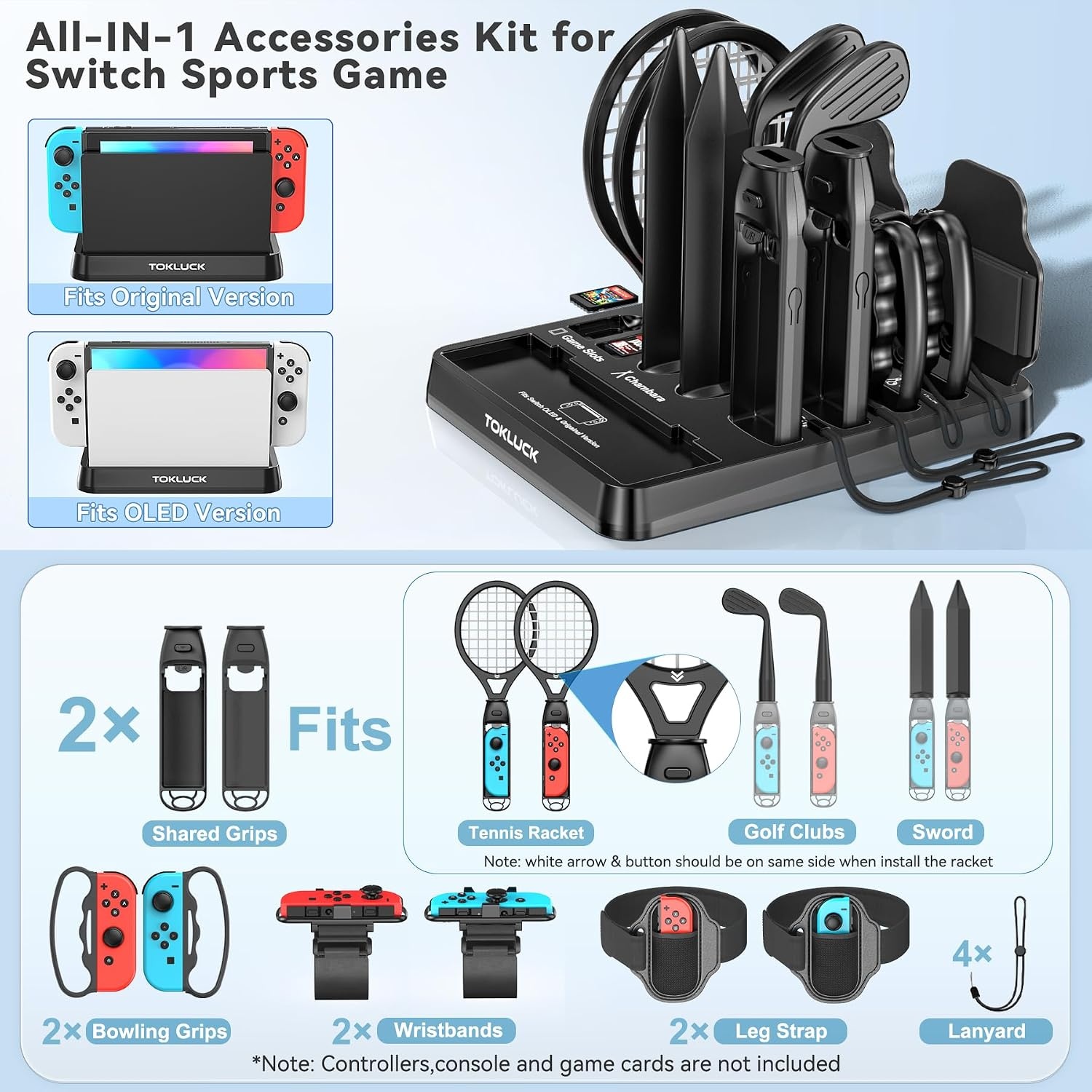 Switch Sports Accessoireset met organizer, compatibel met Switch/OLED, opslag voor Switch Sport Game accessoires, familiefeestpakket sportspelaccessoires, bundel voor Nintendo Switch en OLED, zwart