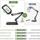 GABORISH 10 x 30 x tafelvergrootglas met licht en standaard, rechthoekige vergrootlamp met 60 leds, 5 kleurmodi en dimbaar, handvrij staande loep met licht, 2-in-1 vergrootlamp met klem en sokkel voor